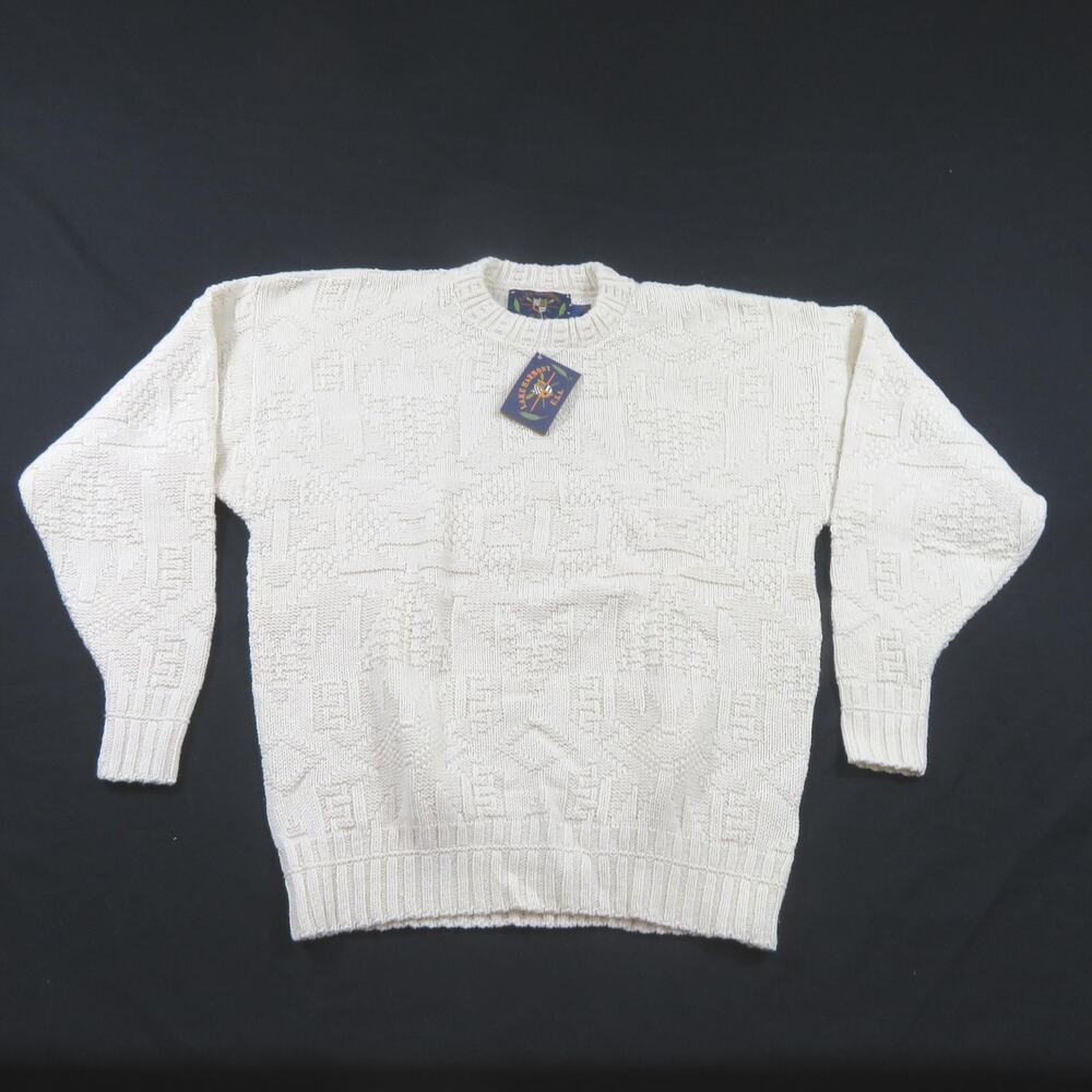 Lake Harmony Knit Sweater Fisherman Pullover Cotton Beige Sz L New 1990s